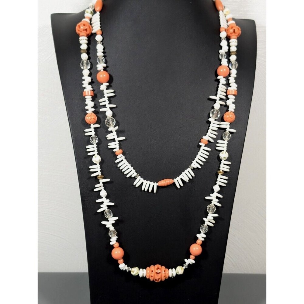 Vintage White Glass Orange Coral Color Lucite Carved‎ Style Long Necklace 58 in
